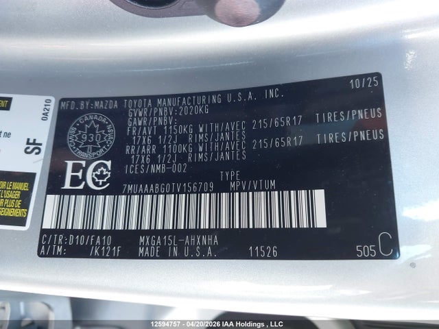 12594757 :رقم المزاد ، 7MUAAABG0TV156709 vin ، 2026 Toyota Corolla Cross L مزاد بيع