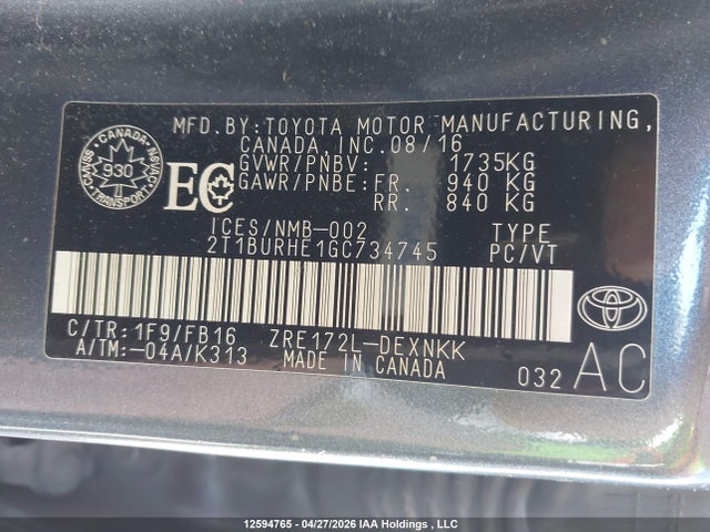 12594765 :رقم المزاد ، 2T1BURHE1GC734745 vin ، 2016 Toyota Corolla L/le/le Pls/prm/s/s Pls مزاد بيع