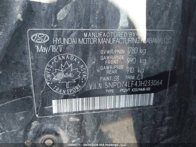 5NPD74LF4JH233064 Hyundai Elantra Le