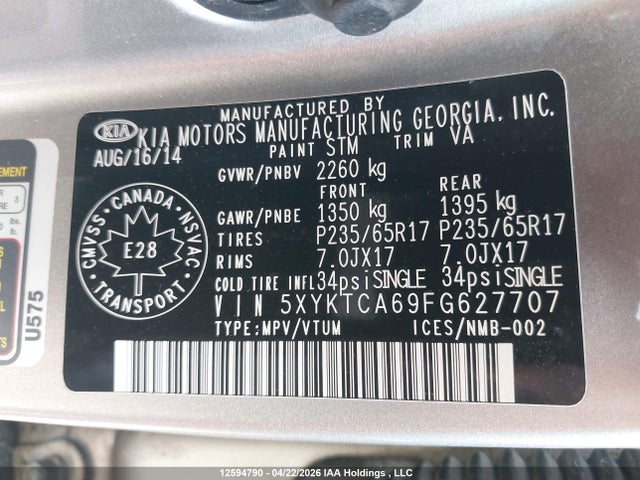 12594790 :رقم المزاد ، 5XYKTCA69FG627707 vin ، 2015 Kia Sorento مزاد بيع
