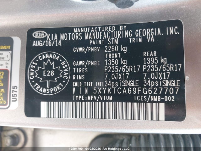 12594790 :رقم المزاد ، 5XYKTCA69FG627707 vin ، 2015 Kia Sorento مزاد بيع