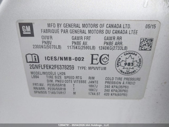 Aukcja sprzedaży 2015 Chevrolet Equinox 1lt, vin: 2GNFLFEK2F6378259, numer aukcji: 12594791