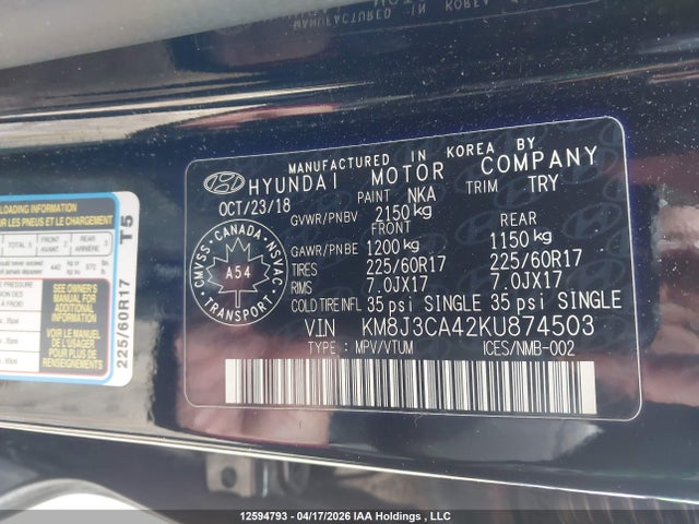 Продаж на аукціоні авто 2019 Hyundai Tucson, vin: KM8J3CA42KU874503, номер лоту: 12594793