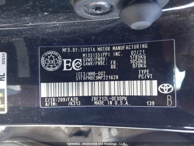 Продажа на аукционе авто 2021 Toyota Corolla, vin: 5YFBPMBE9MP221628, номер лота: 12594802