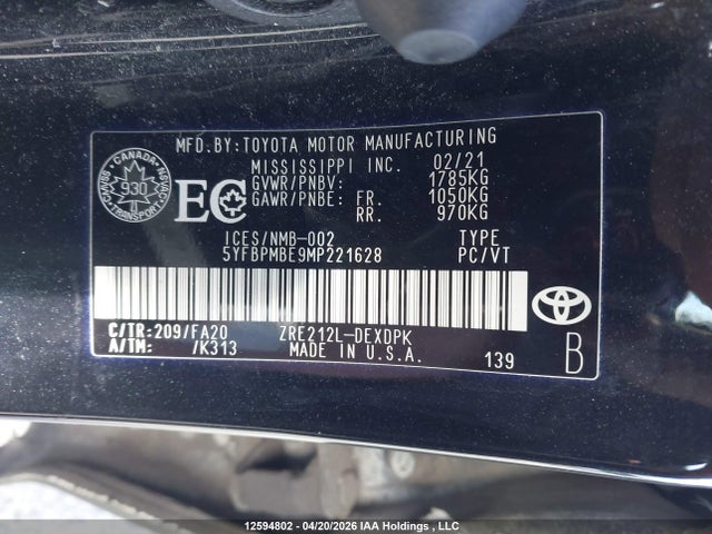 Продажа на аукционе авто 2021 Toyota Corolla, vin: 5YFBPMBE9MP221628, номер лота: 12594802