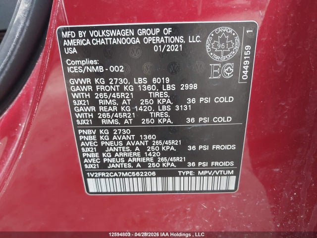 12594803 :رقم المزاد ، 1V2FR2CA7MC562206 vin ، 2021 Volkswagen Atlas Sel Premium R-line مزاد بيع
