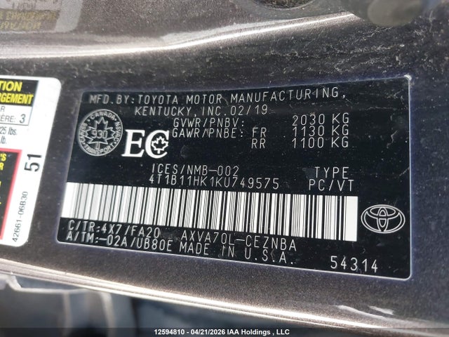 4T1B11HK1KU749575 Toyota Camry L/le/xle/se/xse