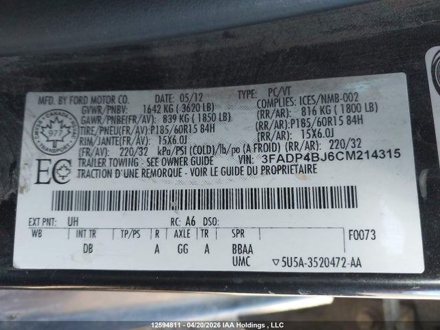 Aukcja sprzedaży 2012 Ford Fiesta Se, vin: 3FADP4BJ6CM214315, numer aukcji: 12594811