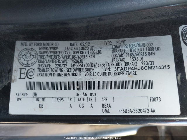 Aukcja sprzedaży 2012 Ford Fiesta Se, vin: 3FADP4BJ6CM214315, numer aukcji: 12594811