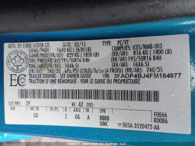 2015 Ford Fiesta Se მანქანა იყიდება აუქციონზე, vin: 3FADP4BJ4FM184977, აუქციონის ნომერი: 12580777
