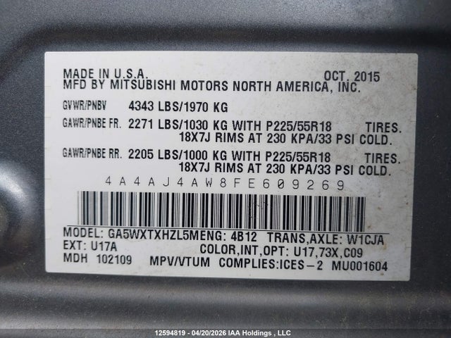 Продажа на аукционе авто 2015 Mitsubishi Rvr, vin: 4A4AJ4AW8FE609269, номер лота: 12594819