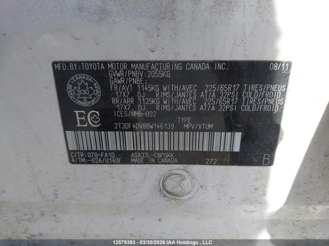 2011 Toyota Rav4 Limited მანქანა იყიდება აუქციონზე, vin: 2T3DF4DV8BW146139, აუქციონის ნომერი: 12579393