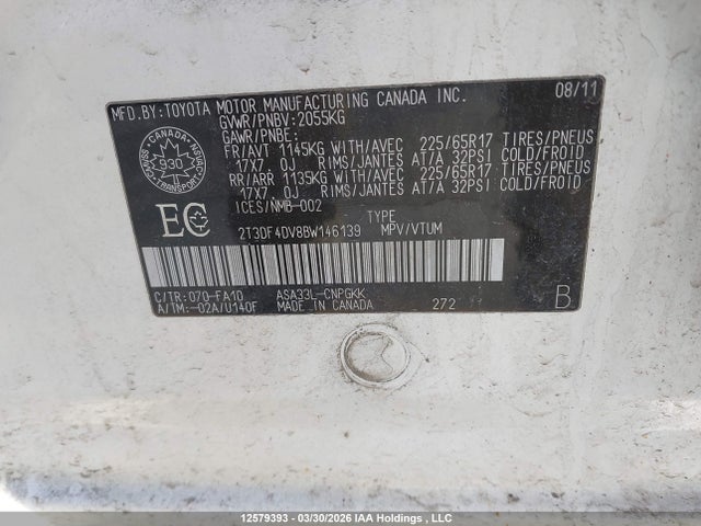 2011 Toyota Rav4 Limited მანქანა იყიდება აუქციონზე, vin: 2T3DF4DV8BW146139, აუქციონის ნომერი: 12579393