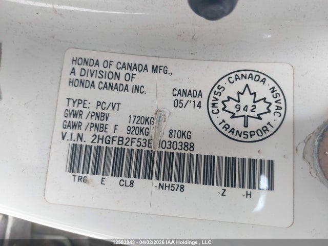 Aukcja sprzedaży 2014 Honda Civic Ex, vin: 2HGFB2F53EH030388, numer aukcji: 12583943