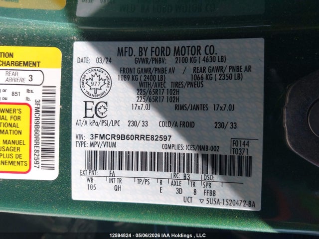Продаж на аукціоні авто 2024 Ford Bronco Sport Big Bend, vin: 3FMCR9B60RRE82597, номер лоту: 12594824
