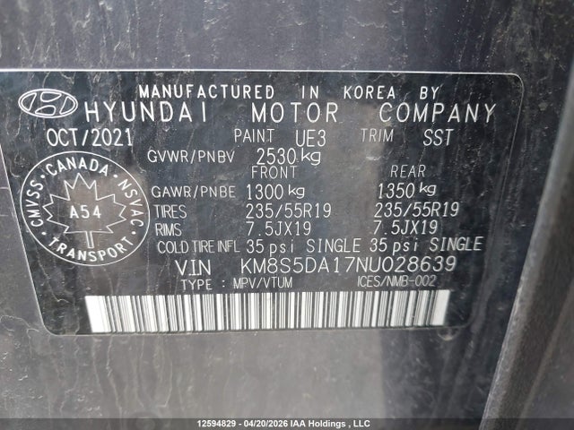 12594829 :رقم المزاد ، KM8S5DA17NU028639 vin ، 2022 Hyundai Santa Fe Limited مزاد بيع