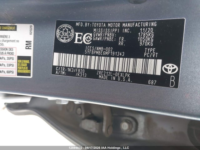 5YFBPMBE6MP191343 Toyota COROLLA LE