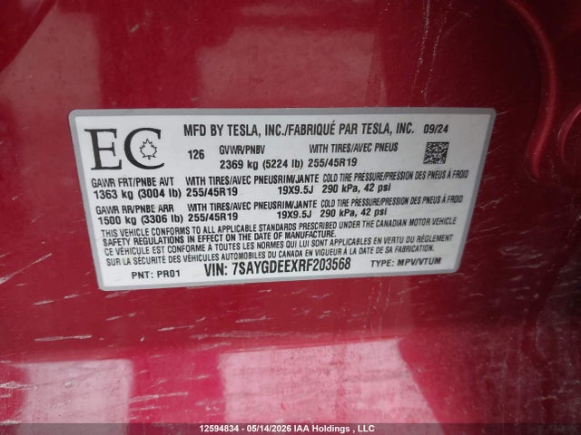 Aukcja sprzedaży 2024 Tesla Model Y Long Range, vin: 7SAYGDEEXRF203568, numer aukcji: 12594834