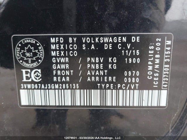 3VWD67AJ3GM285135 Volkswagen Jetta 1.4 Tsi Comfortline