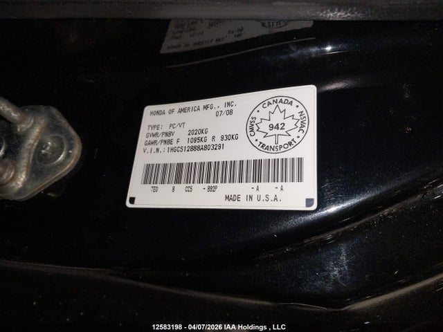 Aukcja sprzedaży 2008 Honda Accord Ex-l, vin: 1HGCS12888A803291, numer aukcji: 12583198