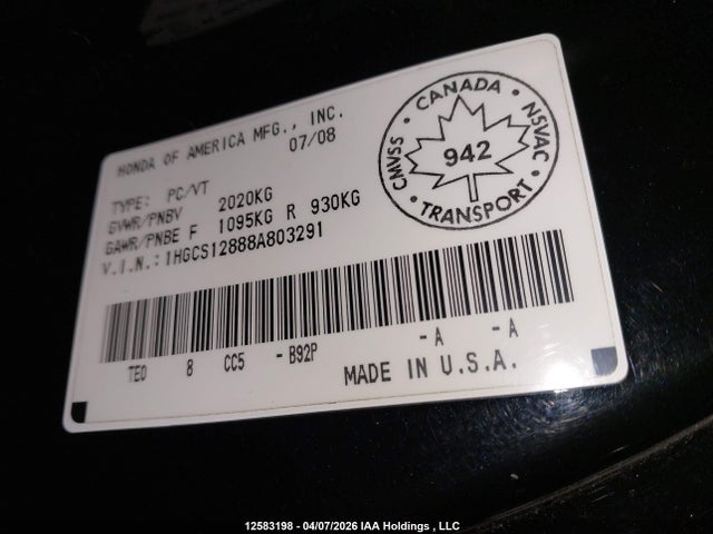 Aukcja sprzedaży 2008 Honda Accord Ex-l, vin: 1HGCS12888A803291, numer aukcji: 12583198