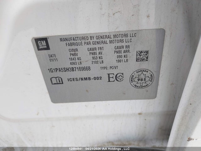2011 Chevrolet Cruze Ls მანქანა იყიდება აუქციონზე, vin: 1G1PA5SH3B7169668, აუქციონის ნომერი: 12594841