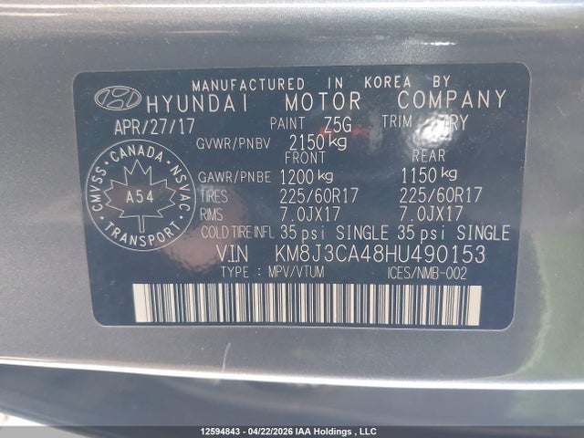 KM8J3CA48HU490153 Hyundai Tucson Limited/sport And Eco/se