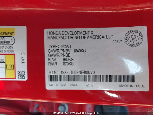 19XFL1H89NE400770 Honda Civic Sport/sport Touring