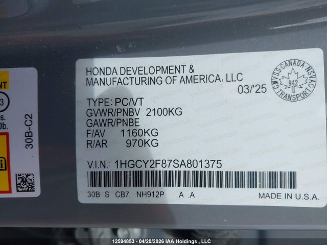 Продажа на аукционе авто 2025 Honda Accord Touring Hybrid, vin: 1HGCY2F87SA801375, номер лота: 12594853
