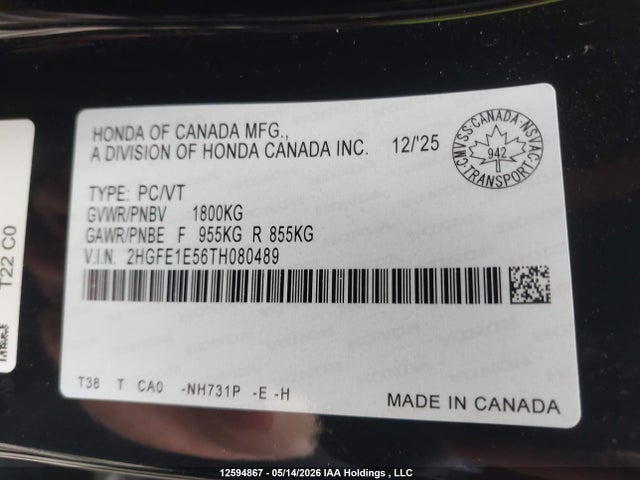 Aukcja sprzedaży 2026 Honda Civic Si Si, vin: 2HGFE1E56TH080489, numer aukcji: 12594867