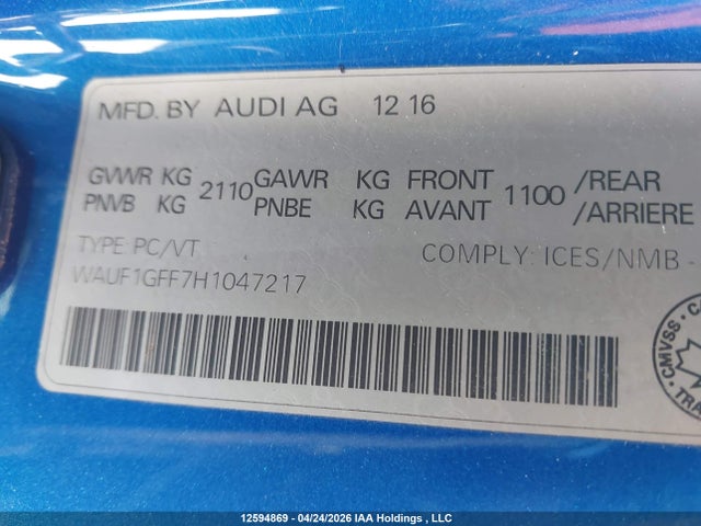 Продажа на аукционе авто 2017 Audi S3, vin: WAUF1GFF7H1047217, номер лота: 12594869