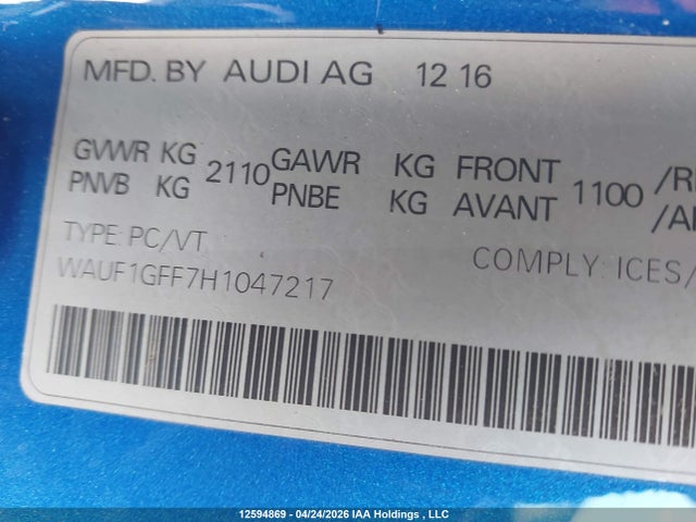 Продажа на аукционе авто 2017 Audi S3, vin: WAUF1GFF7H1047217, номер лота: 12594869