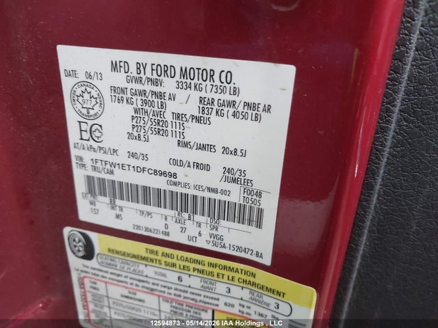 Продаж на аукціоні авто 2013 Ford F-150 Xlt, vin: 1FTFW1ET1DFC89698, номер лоту: 12594873