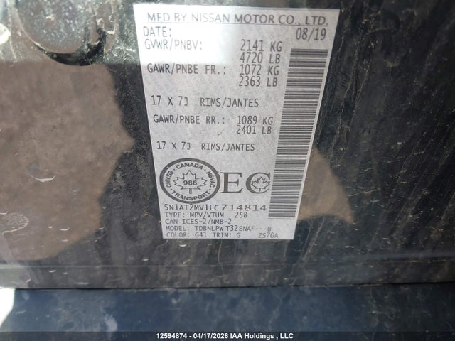 2020 Nissan Rogue S/sl/sv მანქანა იყიდება აუქციონზე, vin: 5N1AT2MV1LC714814, აუქციონის ნომერი: 12594874