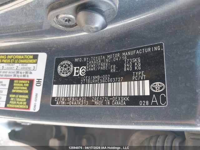 2T1BURHE5GC663727 Toyota Corolla S
