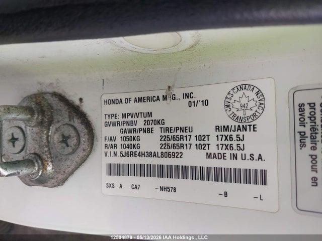 Aukcja sprzedaży 2010 Honda Cr-v Lx, vin: 5J6RE4H38AL806922, numer aukcji: 12594879