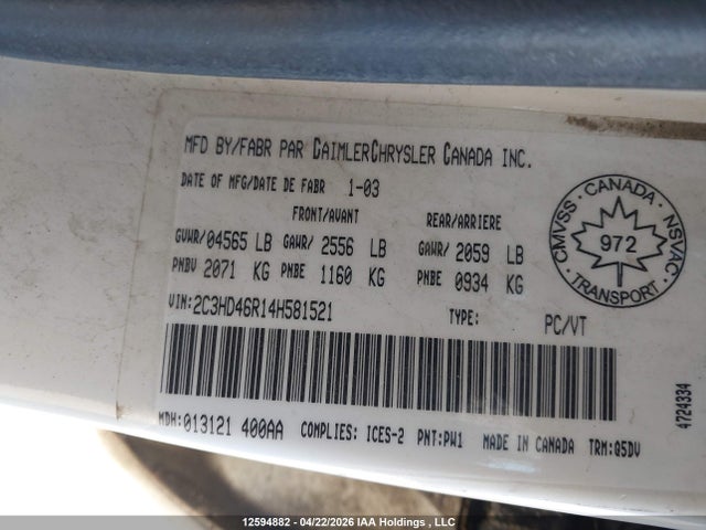 12594882 :رقم المزاد ، 2C3HD46R14H581521 vin ، 2004 Chrysler Concorde Lx مزاد بيع