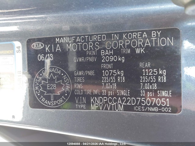 2013 Kia Sportage Ex მანქანა იყიდება აუქციონზე, vin: KNDPCCA22D7507051, აუქციონის ნომერი: 12594888