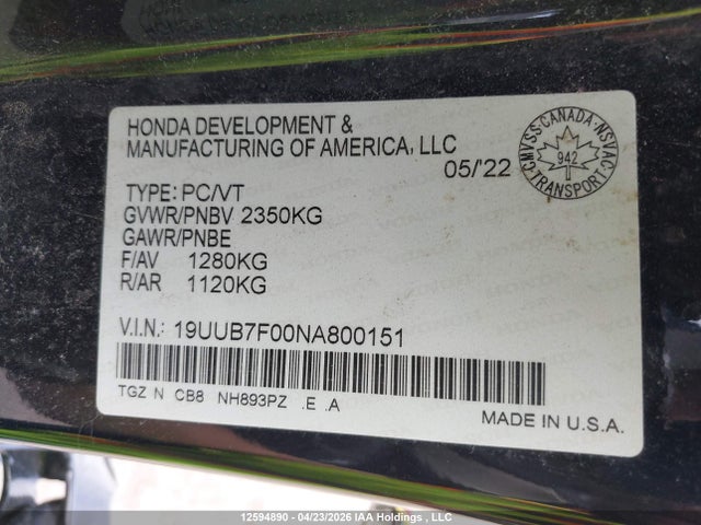 Продажа на аукционе авто 2022 Acura Tlx Type S, vin: 19UUB7F00NA800151, номер лота: 12594890
