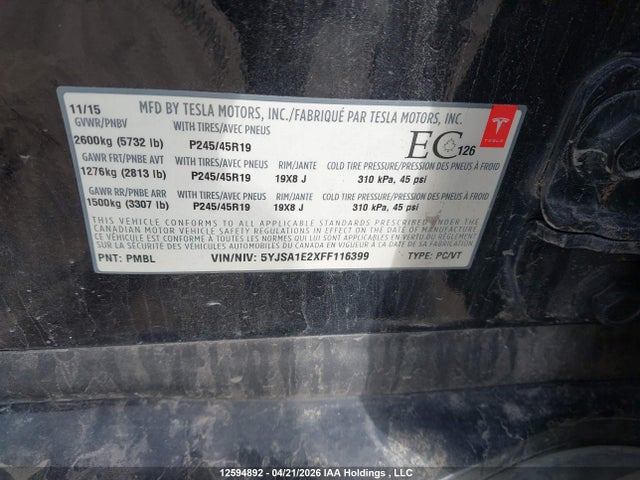 Aukcja sprzedaży 2015 Tesla Model S 75d/100d/p100d, vin: 5YGSA1E2XFF116399, numer aukcji: 12594892