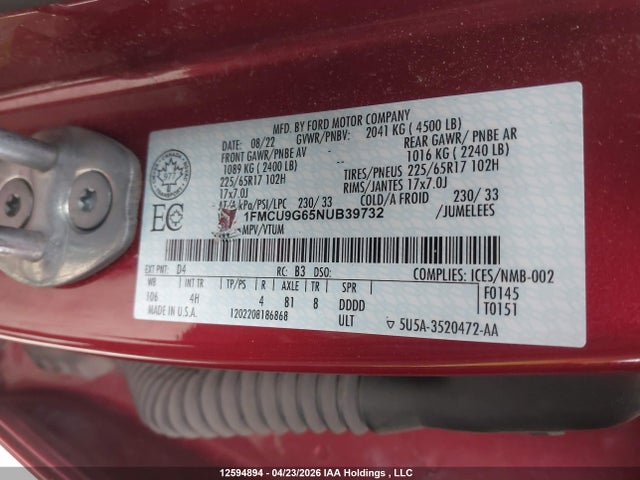 Продаж на аукціоні авто 2022 Ford Escape Se, vin: 1FMCU9G65NUB39732, номер лоту: 12594894