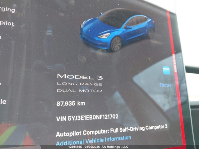 Aukcja sprzedaży 2022 Tesla Model 3 Long Range, vin: 5YJ3E1EB0NF121702, numer aukcji: 12594896
