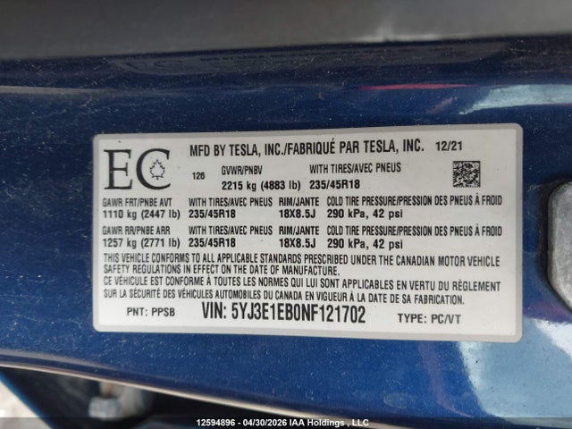 Aukcja sprzedaży 2022 Tesla Model 3 Long Range, vin: 5YJ3E1EB0NF121702, numer aukcji: 12594896