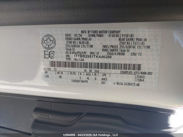 Продаж на аукціоні авто 2026 Ford Transit T-250, vin: 1FTBR2X81TKA46290, номер лоту: 12594898