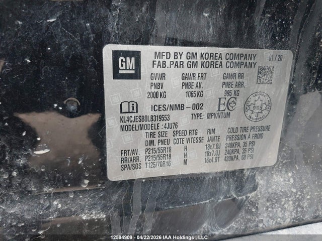 Продаж на аукціоні авто 2020 Buick Encore Preferred, vin: KL4CJESB0LB319553, номер лоту: 12594909