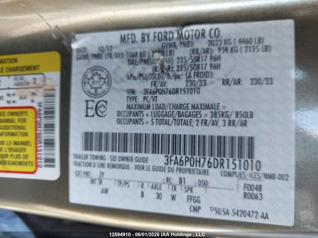 Продажа на аукционе авто 2013 Ford Fusion Se, vin: 3FA6P0H76DR151010, номер лота: 12594910