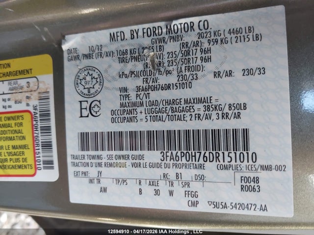 Продажа на аукционе авто 2013 Ford Fusion Se, vin: 3FA6P0H76DR151010, номер лота: 12594910