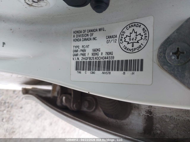 2012 Honda Civic Lx მანქანა იყიდება აუქციონზე, vin: 2HGFB2E40CH044559, აუქციონის ნომერი: 12594912