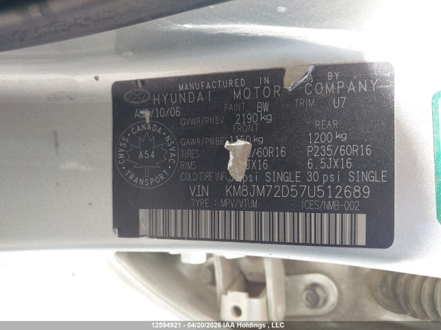Aukcja sprzedaży 2007 Hyundai Tucson Gl/gls, vin: KM8JM72D57U512689, numer aukcji: 12594921