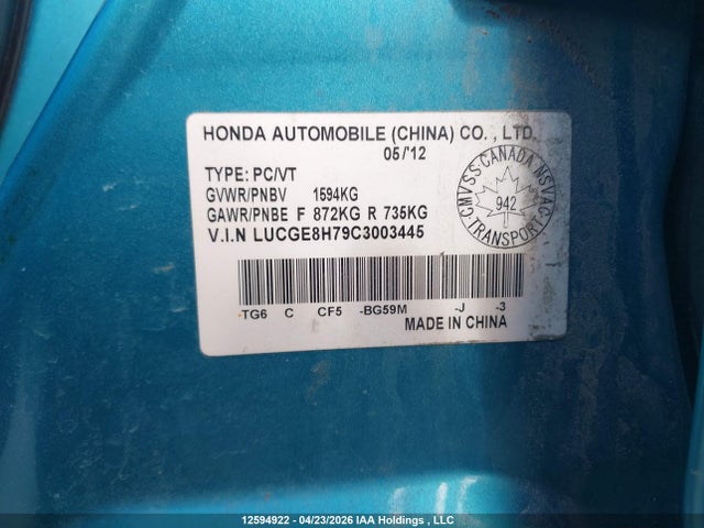 Aukcja sprzedaży 2012 Honda Fit Sport, vin: LUCGE8H79C3003445, numer aukcji: 12594922
